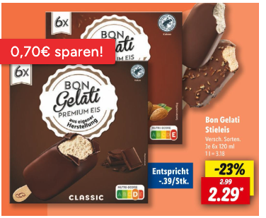 Bon Gelati Premium Stieleis bei Lidl für 2,29 €